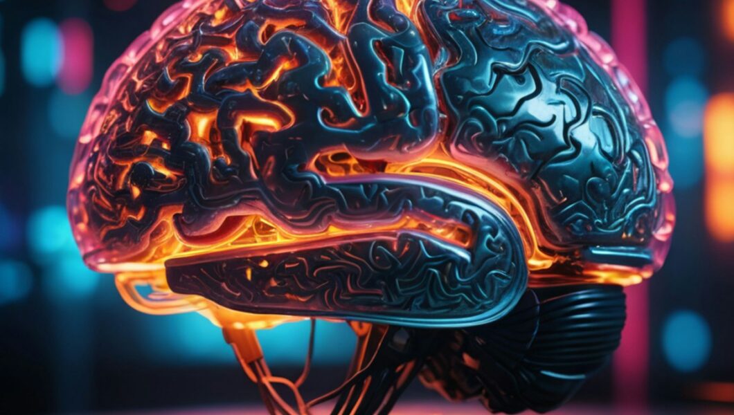 a glowing brain model sitting on top of a table