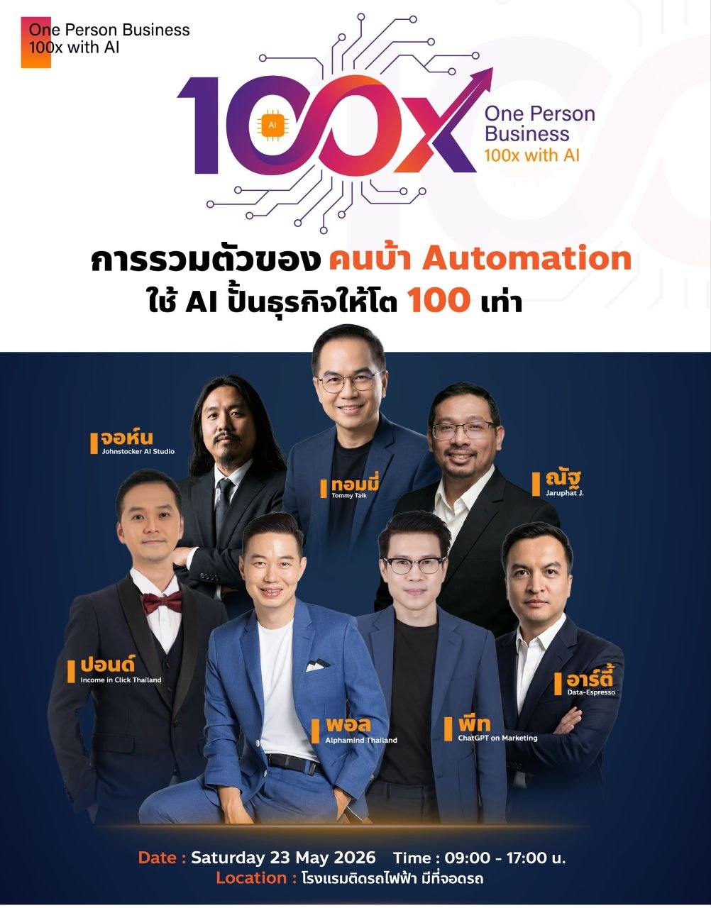 โปสเตอร์งาน One Person Business 100x with AI รวม 7 Speakers วันที่ 23 พฤษภาคม 2026