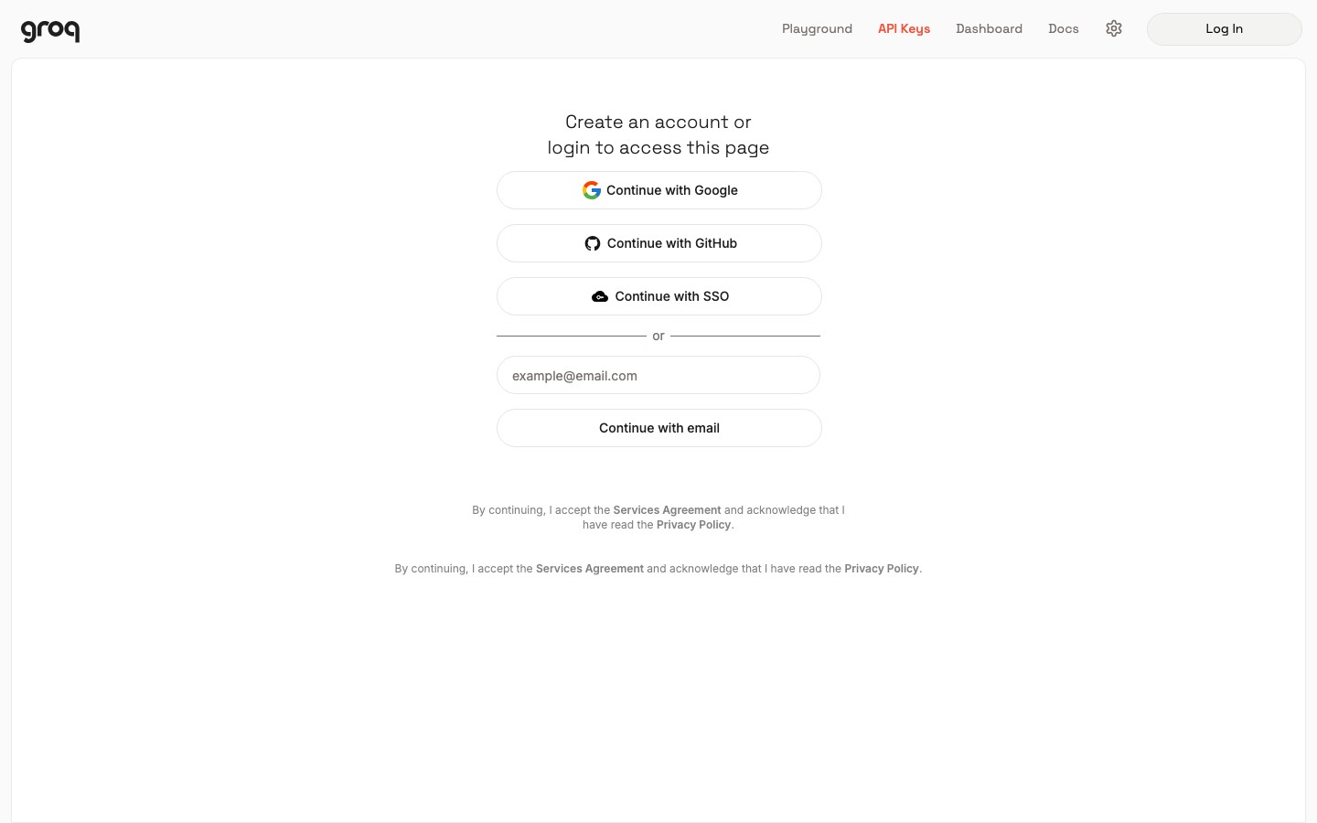 หน้า GroqCloud API Keys สำหรับสมัครหรือเข้าสู่ระบบก่อนสร้าง API key